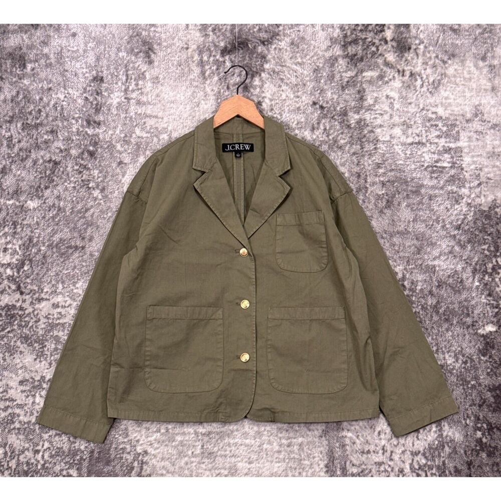 J Crew Jacket Large Womens Green Chino Fabric Oversize Button Front Chore Blazer